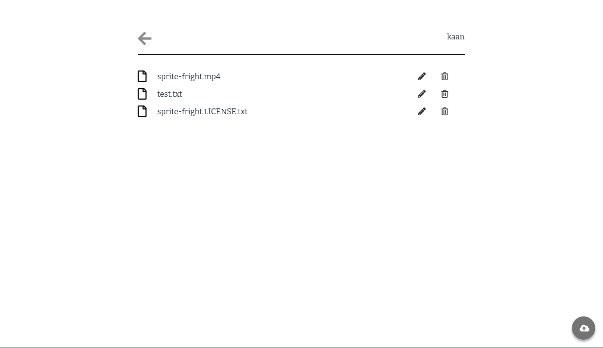 A web page with 3 files listed, "sprite-fright.mp4", "test.txt", and "sprite-fright.LICENSE.txt". There are pencil and thrash bin symbols to the right of the file names. A leftward arrow is grayed out on the top left, and top right says "kaan". On the bottom right there's a symbol of a cloud with an up arrow.