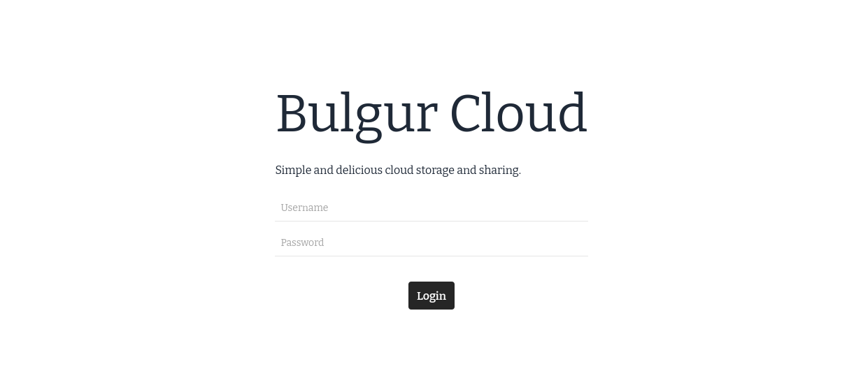 A white web page with the words &ldquo;Bulgur Cloud&rdquo;. Below is &ldquo;Simple and delicious cloud storage and sharing&rdquo;. Under that are two fields titled &ldquo;Username&rdquo; and &ldquo;Password&rdquo;, and a black button titled &ldquo;Login&rdquo;.