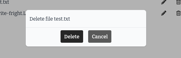 A pop up that says &ldquo;Delete file &ldquo;text.txt&rdquo;, with the buttons &ldquo;Delete&rdquo; and &ldquo;Cancel&rdquo; below it.