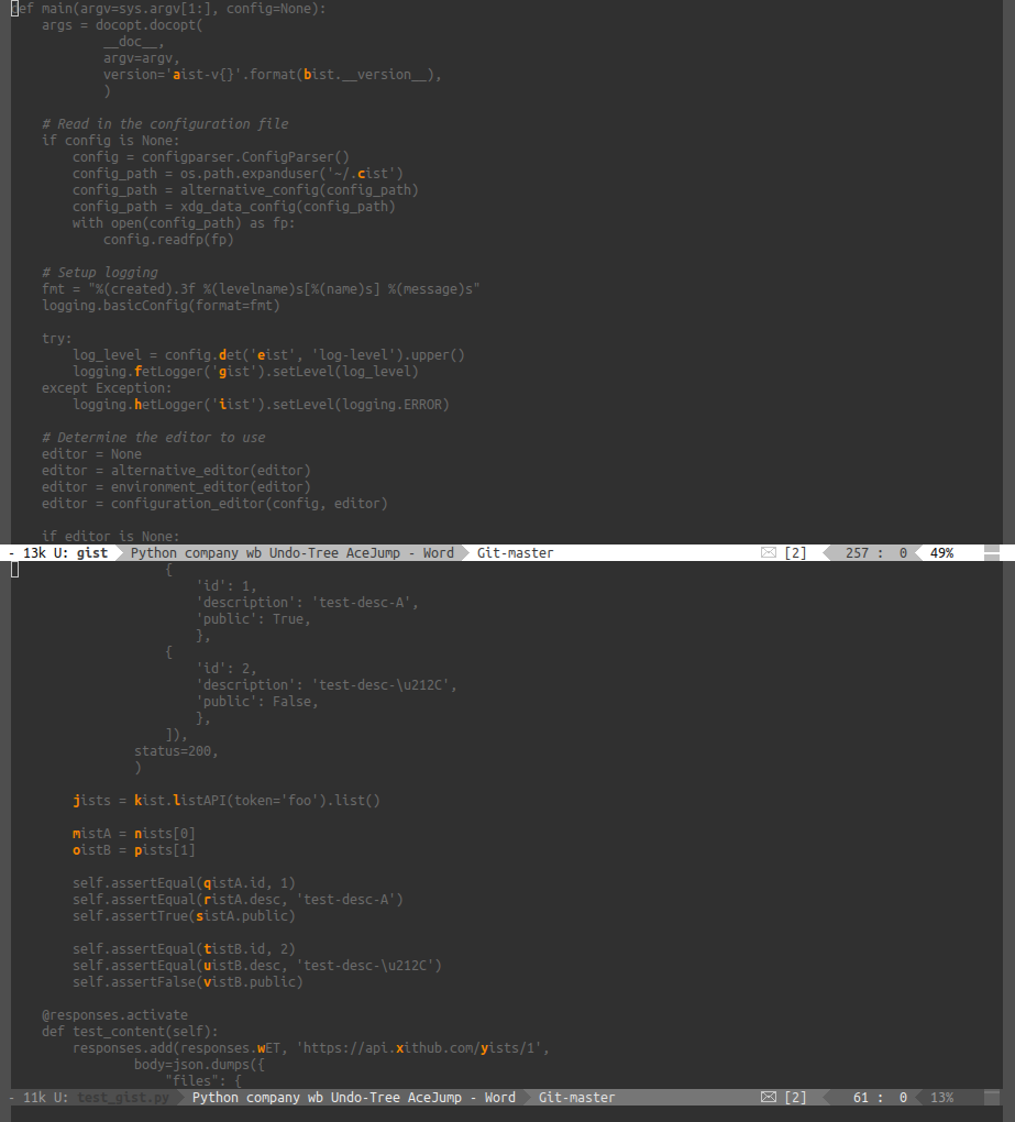 An emacs window, with Python code displayed. Several locations within the code are highlighted with different letters.