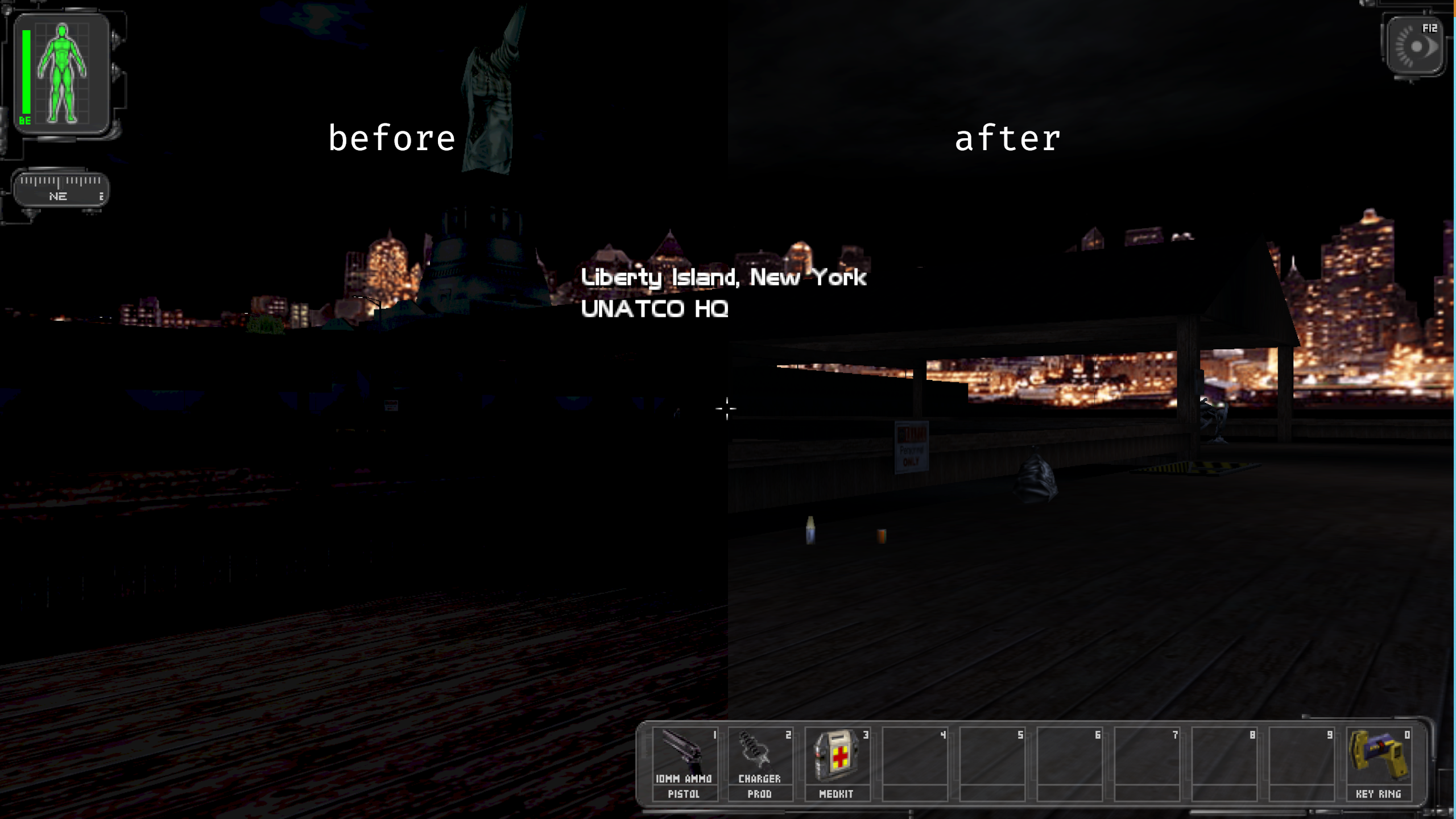 A game screenshot displaying the Statue of Liberty in front of a cityscape. Closer to the player are wooden docks. The image is split down the middle, left side says &ldquo;before&rdquo; and is very dark, the right side says &ldquo;after&rdquo; and is much lighter.