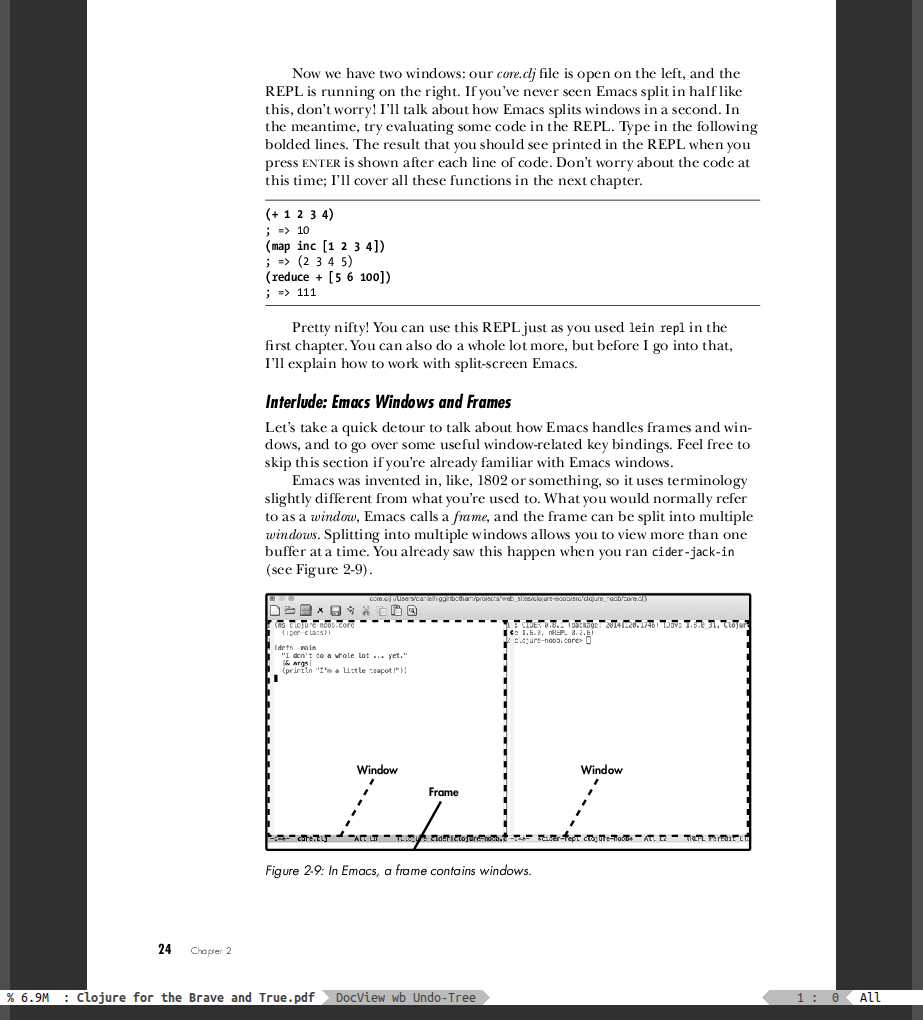 An emacs window displaying a PDF file, titled &ldquo;Clojure for the Brave and True.pdf&rdquo;. The page includes some clojure code, and talks about Emacs.