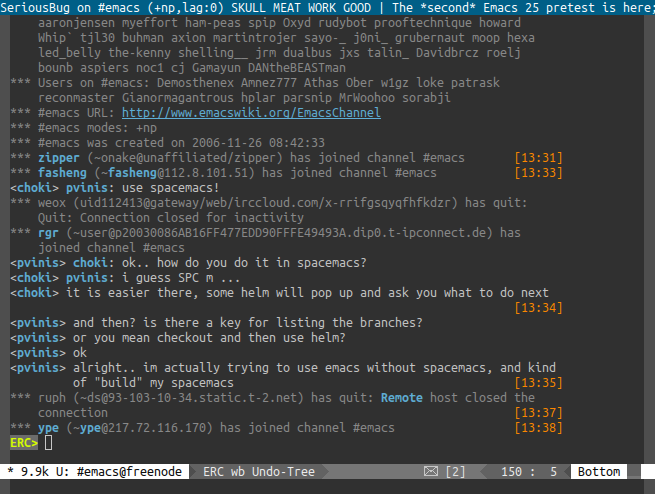 An Emacs window, displaying an IRC chat for &ldquo;#emacs@freenode&rdquo;.