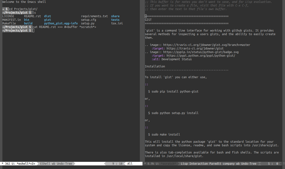 An Emacs window, split in two. Left side shows a command line with the command &ldquo;cat README.rst &raquo;> #<buffer scratch>&rdquo;. Right side shows the emacs scratch buffer, with the contents of the readme file displayed.