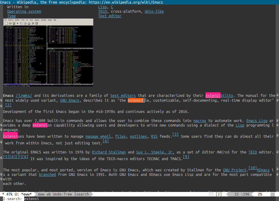 An Emacs window, displaying the Wikipedia web page for Emacs.
