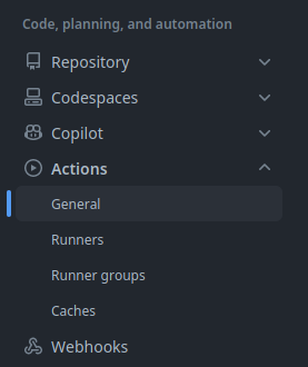 Github side bar menu, with heading Action expanded, and General selected inside that section.