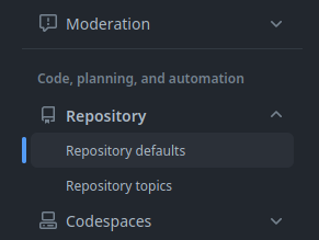 Github side bar menu, with heading Repository expanded, and Repository defaults selected inside that section.