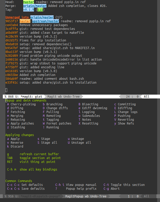 An emacs window, displaying the git log for a repository at the top, and the shortcuts for git commands such as &ldquo;Apply&rdquo;, &ldquo;Stage&rdquo;, &ldquo;Unstage&rdquo; below.